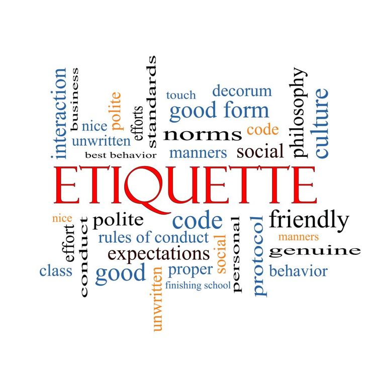 the word etiquette written in red and blue is surrounded by words related to it