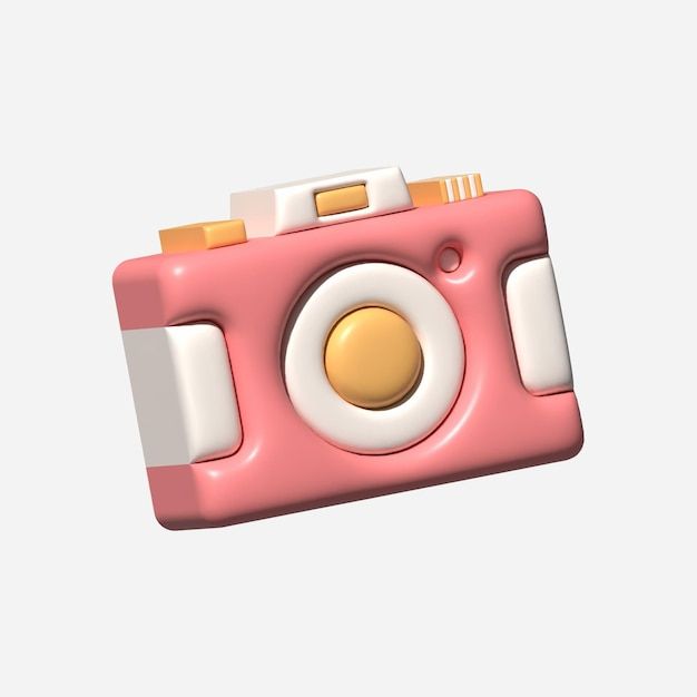 a pink camera with an egg in the center and two white circles on it's front