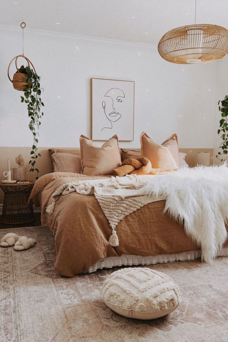 a bed with pillows and blankets on top of it in a bedroom next to potted plants