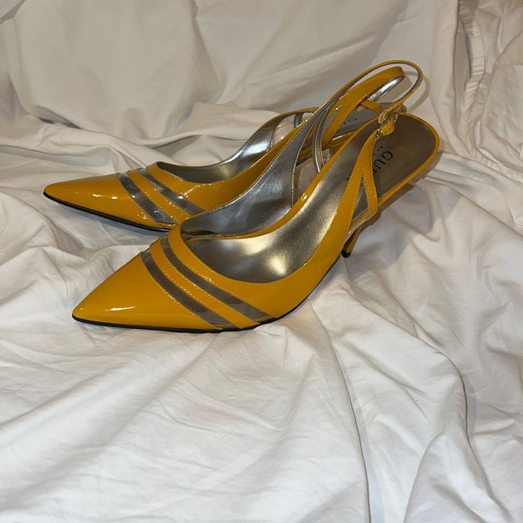 Yellow Patent Heels Brand New Vintage I Don't Think You'll Find Them Anywhere! Patent Leather Pointed Toe Heels For Gala, Gold Patent Leather Heels With Almond Toe, Gold Patent Leather Heels For Spring, Spring Gold Patent Leather Heels, Patent Leather Open Toe Kitten Heels For Formal Occasions, Open Toe Patent Leather Kitten Heels For Formal Occasions, Chic Kitten Heels With Branded Insole For Party, Formal Open Toe Patent Leather Kitten Heels, Formal Patent Leather Open Heel Kitten Heels