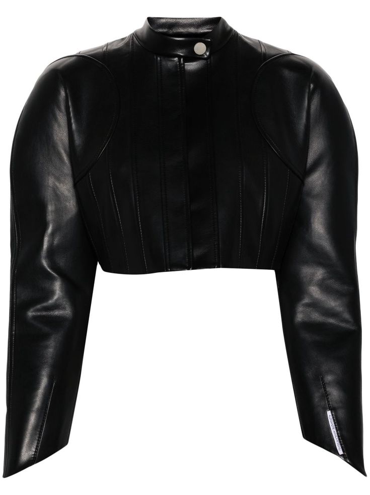 black faux leather smooth grain seam detailing logo patch at the sleeve band collar front press-stud fastening shoulder pads long sleeves straight hem cropped full lining Detailing Logo, Versace Outfit, Iconic Bags, Van Cleef Arpels, Band Collar, Ballet Flat Shoes, Ski Wear, Lady Dior, Dolce & Gabbana