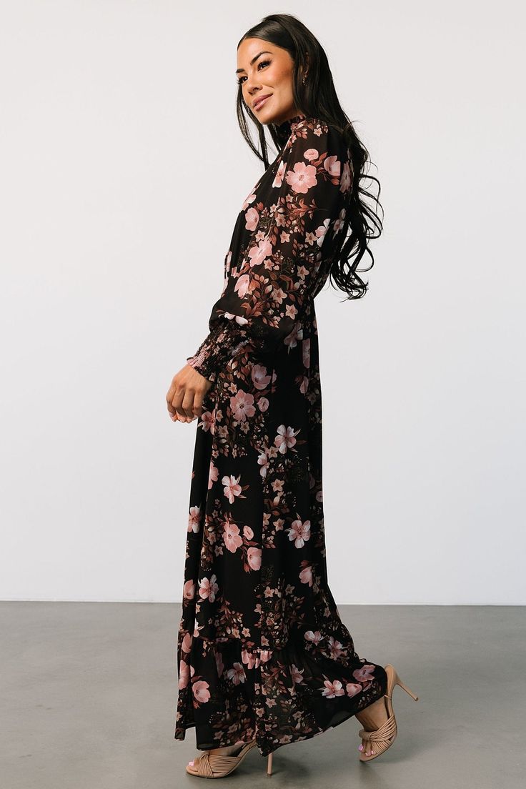 Black Floral Fall Dress, Embroidered Long Dress, Pink Maxi Dress With Smocked Back For Party, Modest Flowy Floral Dress For Casual Wear, Modest Flowy Floral Dress For Casual Occasions, Chiffon Maxi Dress With Smocked Back, Black Chiffon Maxi Dress With Floral Print, Black Chiffon Maxi Dress For Spring, Black Flowy Chiffon Dress For Spring