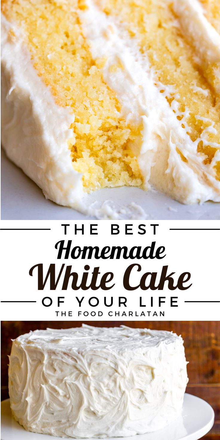 White cake on a white plate with vanilla frosting, with a bite taken out Homemade White Cake Recipe, White Cake From Scratch, Homemade White Cake, Best White Cake, Homemade White Cakes, Moist White Cake, The Food Charlatan, White Cake Recipe, Cake Recipes Easy Homemade