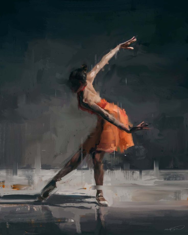 a painting of a ballerina in an orange dress