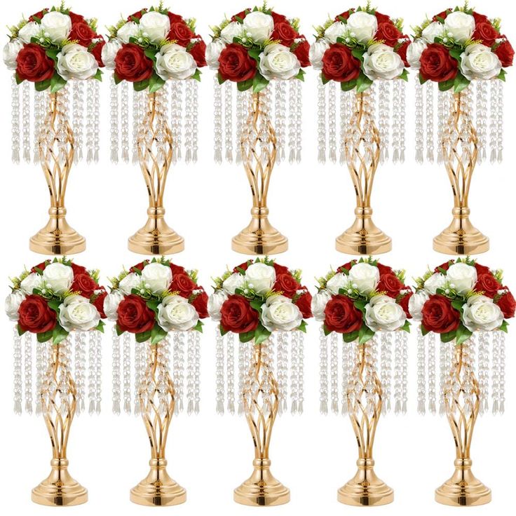 a bunch of vases filled with flowers on top of each other in front of a white background