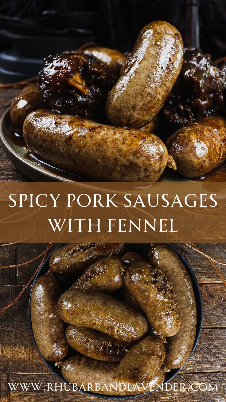 some sausages are on a plate with the words spicy pork sausages with fennel