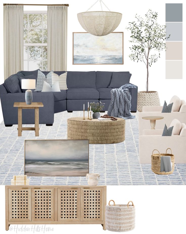 a living room with blue couches and white furniture in shades of gray, beige and grey