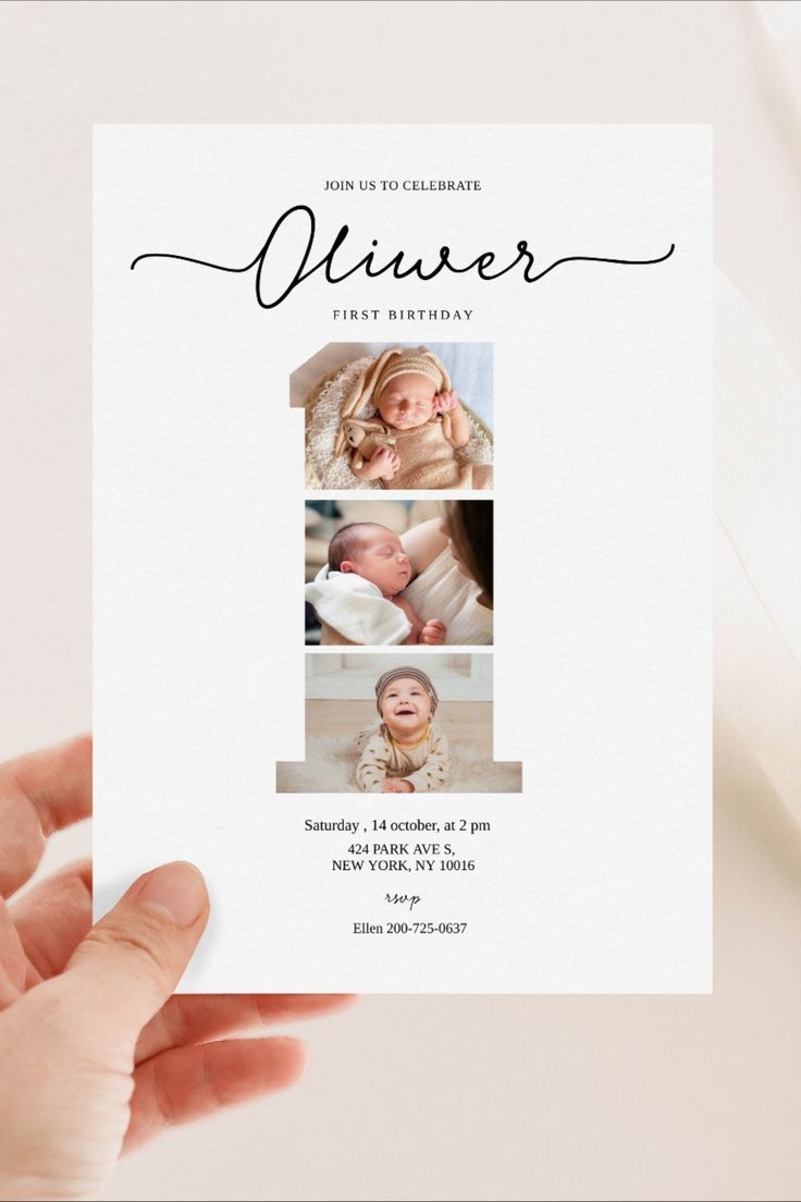 a hand holding up a white card with three photos on it and the words aliver first birthday written in cursive font