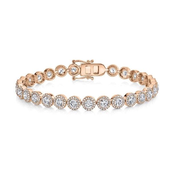 14K gold with 7.42-carat diamond round cut tennis bracelet. Model Number: SDL55007004WY Rose Gold Diamond Tennis Bracelet Brilliant Cut, Rose Gold Diamond Tennis Bracelet With Round Cut, Rose Gold Diamond Round Cut Tennis Bracelet, Rose Gold Round Cut Diamond Tennis Bracelet, Rose Gold Tennis Bracelet With Diamond Accents, Dazzling Rose Gold Tennis Bracelet With Diamond Accents, Rose Gold Diamond Tennis Bracelet, Rose Gold Tennis Bracelet With Single Cut Diamonds, Luxury Tennis Bracelet With Halo Setting For Formal Occasions