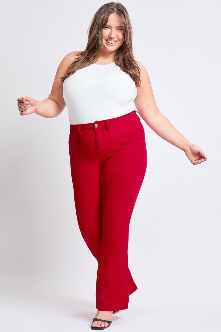 Be an absolute showstopper in our Junior Plus Size Hyperstretch Forever Color High-Rise Flare Pants. Designed with a slim fit through the thigh, this pant flares from knee to ankle for an ultra-flattering, leggy look. Featuring a five-pocket construction with false front pockets, a single-button closure with front zip, and belt loops. This fabric has been improved for greater color fastness, making it withstand more wear and washes. This is why we named this pant "Forever Color": it will be fore Women Lifestyle, Elastic Waist Shorts, Mom Shorts, Linen Shorts, Ruby Red, Resort Wear, Flare Pants, Elastic Waist, Ruby