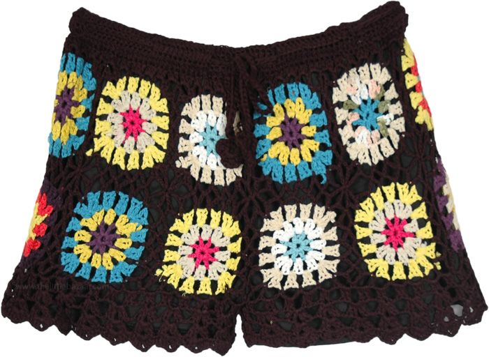 A bohemian style crochet shorts in black with multicolored flowers are the summer essential you have been looking for.  They are very soft and come with polyester lining. #tlb #CrochetClothing #vacationclothing #beachwrap #Floral #bohemianfashion #CrochetShorts #BeachShorts #BohemianShorts Multicolored Flowers, Black Bohemian, Bohemian Shorts, Bohemian Crochet, Crochet Mask, Beach Floral, Shorts Crochet, Bohemian Skirt, Hip Clothes