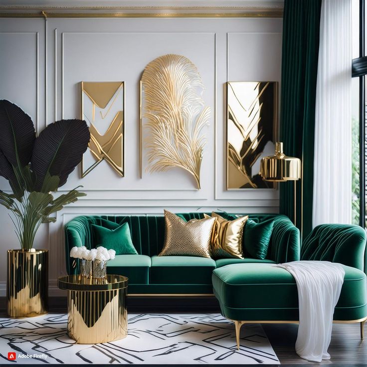 a living room with green velvet couches and gold accents