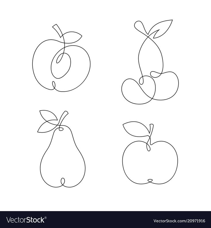 four apples and two pears with one line drawing on the side, in different positions