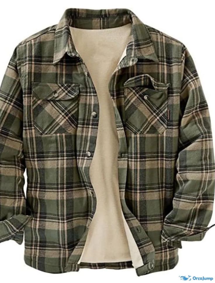 OrcaJump - Mens Hooded Shirt Jacket Winter Outerwear with Stripes & Plaid, Green Non-Printed, Warm Pockets, Streetwear Fleece Lined Flannel Shirt, Deer Camp, Lined Flannel Shirt, Shirt Jacket Men, Mens Jackets Casual, Winter Outerwear, Mens Flannel, Hooded Shirt, Mens Hooded