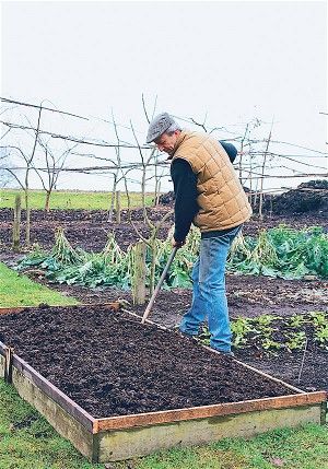 an older man is digging in the garden