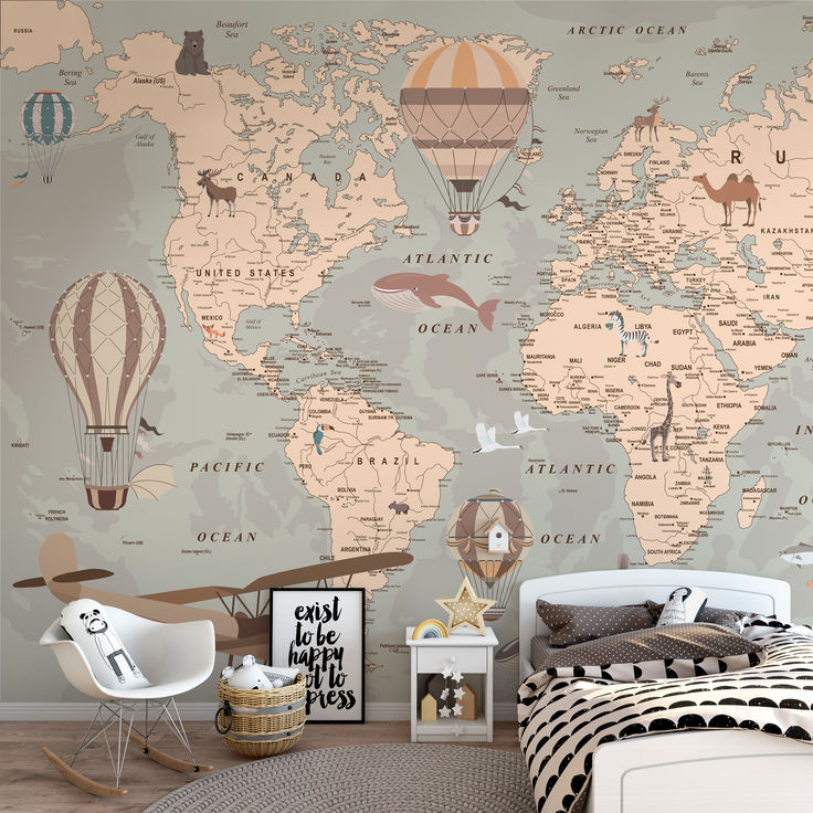 a map of the world with animals and hot air balloons on it's wall