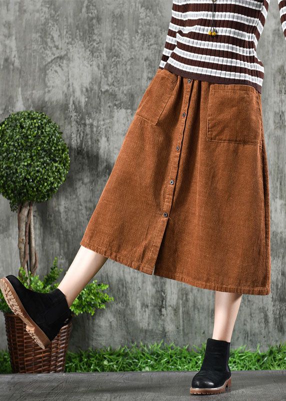 Stylish Khaki High Waist Big Pockets Corduroy A Line Skirt Winter Winter High-waist Cotton Skirt, Winter Cotton Skirt With Pockets, Casual Cotton Skirt For Fall, High Waist Skirt With Pockets For Fall, Casual Corduroy Bottoms With Buttons, Casual Brown Corduroy Skirt, Casual Brown Skirt With Buttons, Brown Cotton Skirt For Winter, Knee-length Fall Bottoms With Buttons