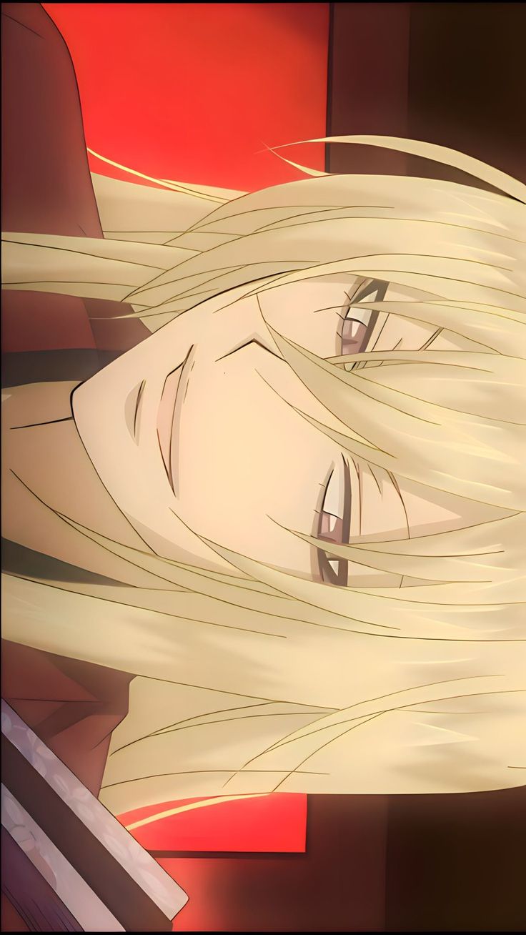 an anime character with long blonde hair and red eyes