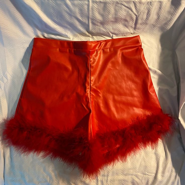 Nwt Pleather Shorts With Feather Trim Size Medium And Large Available Medium Waist Measures 13.5” Across Large Waist Measures 14” Across Feather Trim Retails $30 Trendy Red Club Bottoms, Trendy Red Bottoms For Club, Chic Red Leather Bottoms, High Waist Red Bottoms For Club, High Waist Leather Party Bottoms, High Waist Leather Bottoms For Party, Red High-waisted Shorts For Night Out, Red High-waisted Shorts For Party, Red Party Bottoms In Short Length