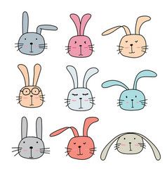 a set of cartoon rabbits with different colors and sizes on their faces, including one rabbit's head