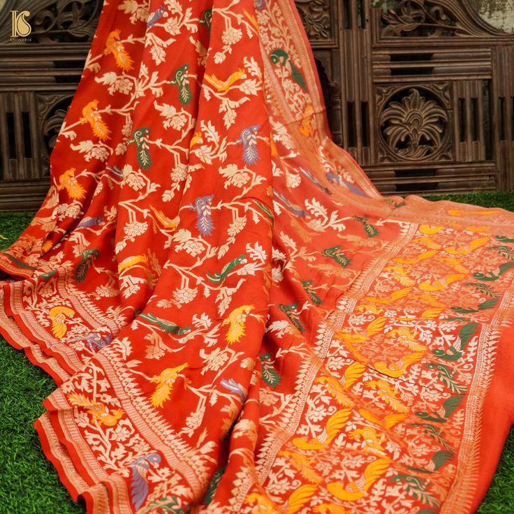 Orange Pure Georgette Banarasi Meenakari Birds Dupatta - Khinkhwab Traditional Red Pashmina Dupatta Shawl, Traditional Red Pashmina Shawl Dupatta, Orange Tussar Silk Anarkali Dupatta, Orange Anarkali Tussar Silk Dupatta, Multicolor Meenakari Dupatta For Puja, Orange Anarkali Katan Silk Dupatta, Anarkali Style Orange Katan Silk Dupatta, Traditional Ceremonial Shawl With Zari Work, Festival Paithani Silk Dupatta