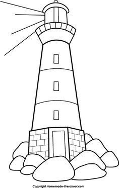 a lighthouse on top of some rocks with the sun coming out from behind it coloring page