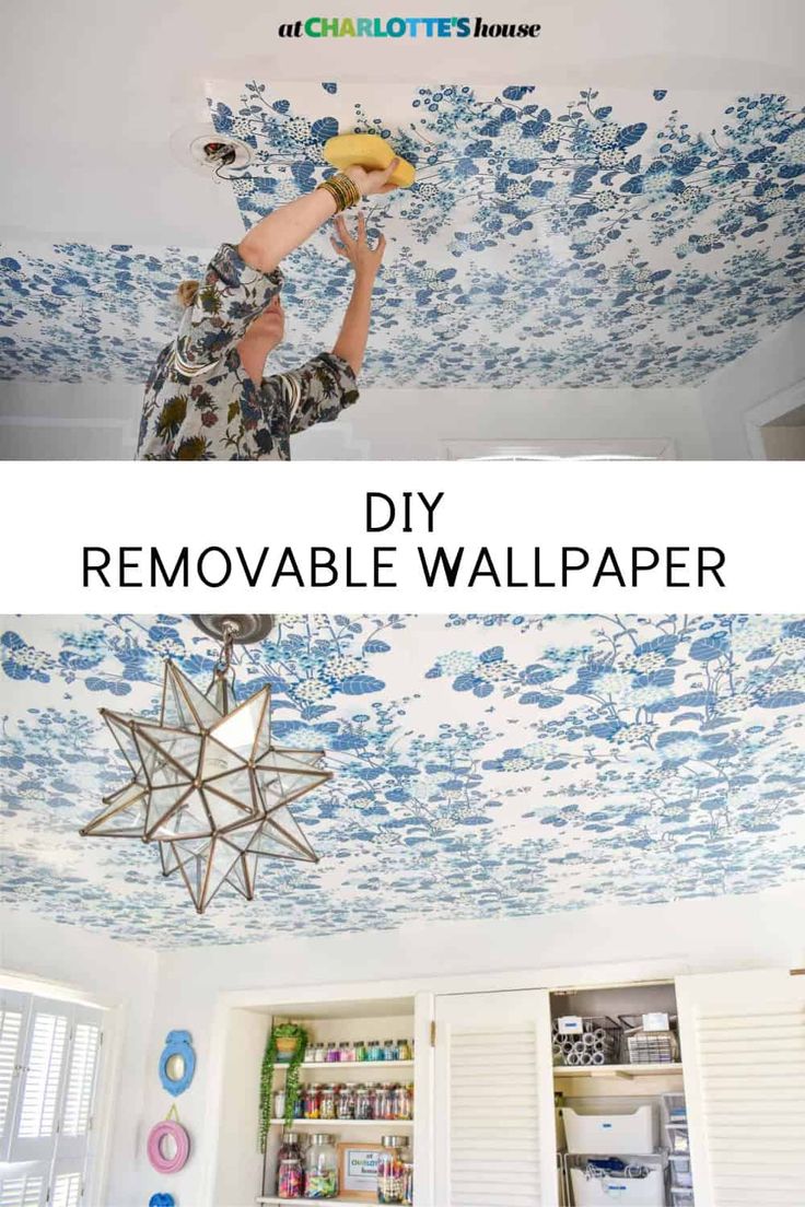 the ceiling is covered in blue and white wallpaper with text overlay that reads easy removable wallpaper hack