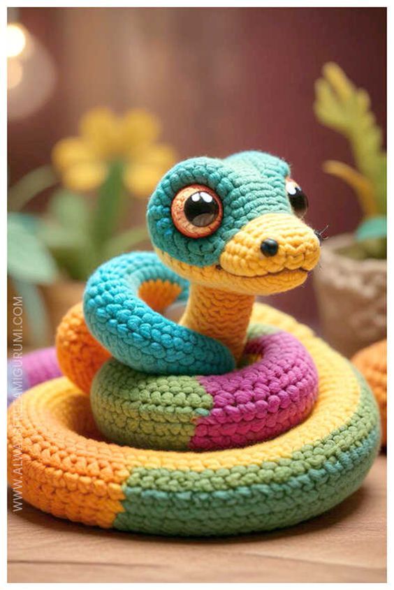 a crocheted snake toy sitting on top of a wooden table