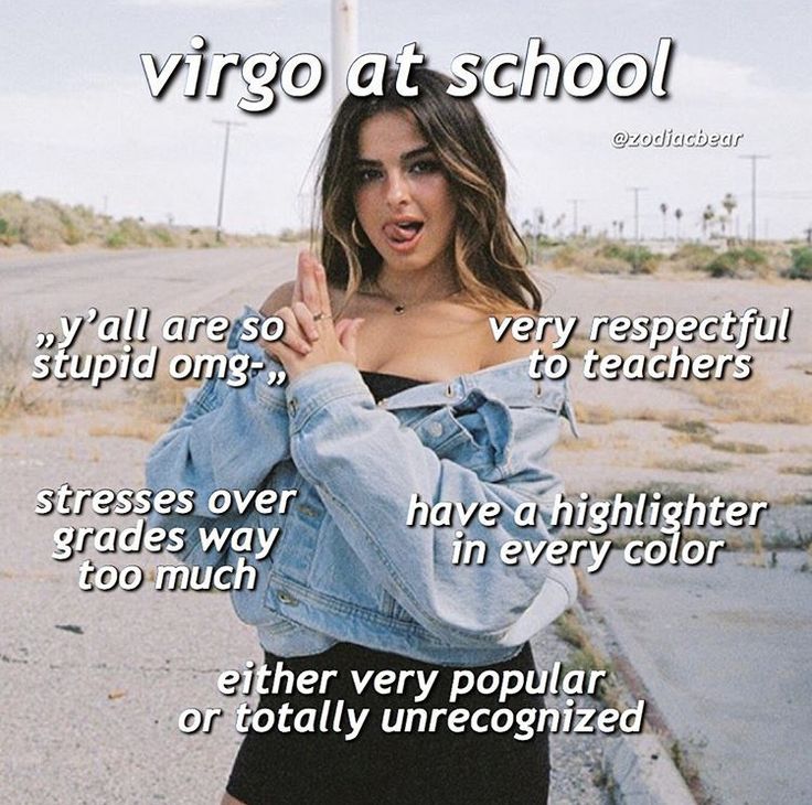 an image of a woman with her hand up in the air and text that reads, virgo at school