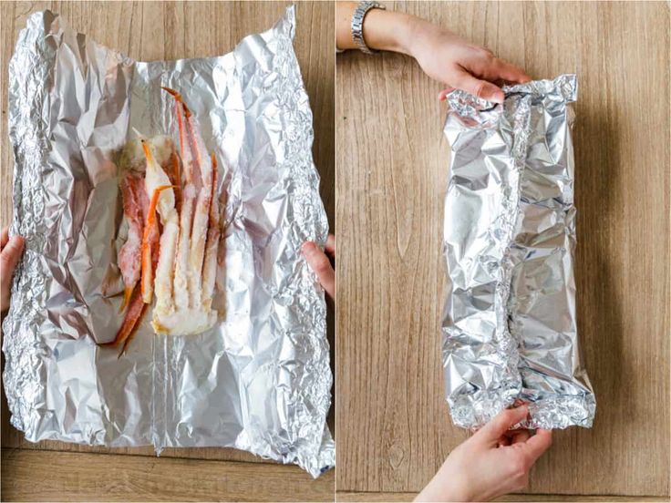 two pictures showing the process of making bacon wrapped sandwiches on tin foil, and then wrapping them in aluminum foil