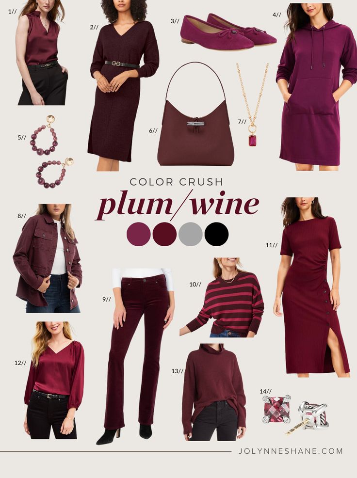 Plum Color Outfits, Plum Outfits For Women, Deep Color Code Outfits, Plum Shirt Outfit, Plum Skirt Outfit, Wine Colored Outfits, Maroon Color Combinations Outfits, Wine Color Outfits, Plum Top Outfit