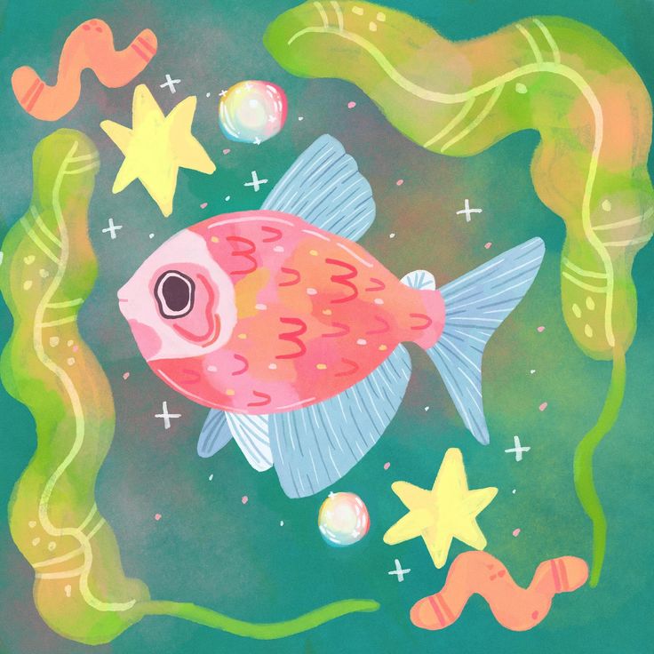 a painting of a fish surrounded by stars and bubbles