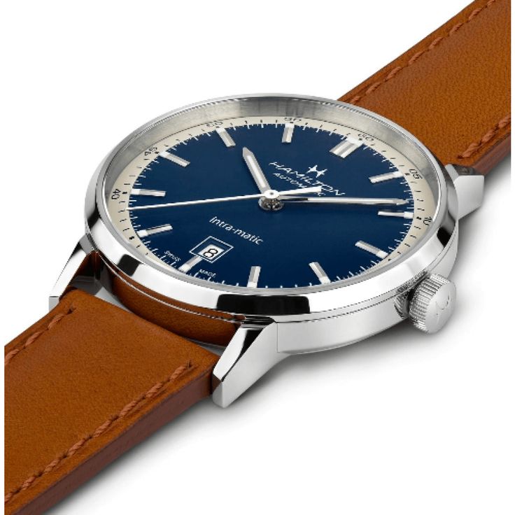 Hamilton Watches - American Classic Intra-Matic Auto | Manfredi Jewels Hamilton Watch, Brown Leather Watch, Blue Watches, Blue Cases, Classic Watches, Fine Watches, Brown Leather Strap, American Classic, Leather Buckle