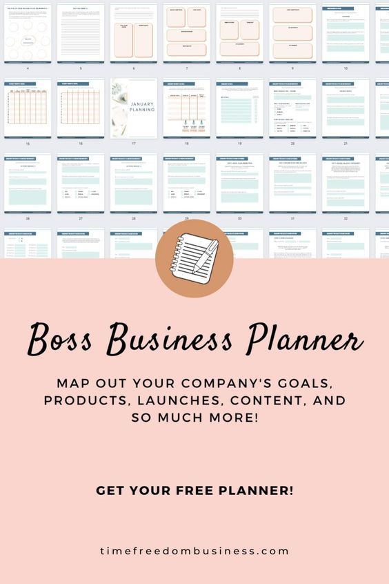 the business planner is displayed on a pink background with text that reads,'boss business planner map out your company's goals, products, launch