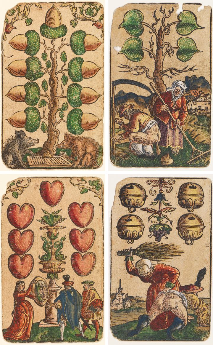 four pictures of people and animals in different stages of life on the same page, each with an apple tree