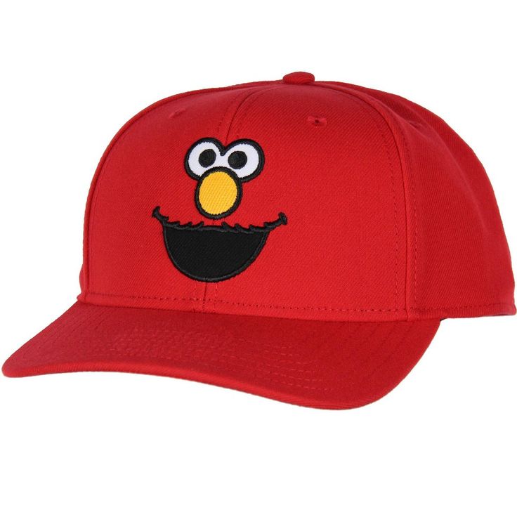 This Sesame Street hat is the ultimate accessory for the young or the young at heart. This bright red hat features a great embroidered Elmo face on the crown, with a pre-curved brim and an adjustable snapback, ensuring a great fit for heads of all sizes. The sturdy yet lightweight construction makes it ideal for daily wear, outdoor adventures, or showcasing your Elmo admiration at themed events and parties. This snapback hat is a distinctive collector's item for Sesame Street enthusiasts. Red Flat Brim Baseball Cap With Embroidered Logo, Fun Baseball Cap With Embroidered Logo, Fun Cap With Embroidered Logo, Fun Embroidered Logo Baseball Cap, Fun Embroidered Logo Cap, Novelty Red Baseball Cap, Novelty Red Cap Hat, Playful Snapback Baseball Cap For Streetwear, Red Trucker Hat With Embroidered Logo And Flat Brim