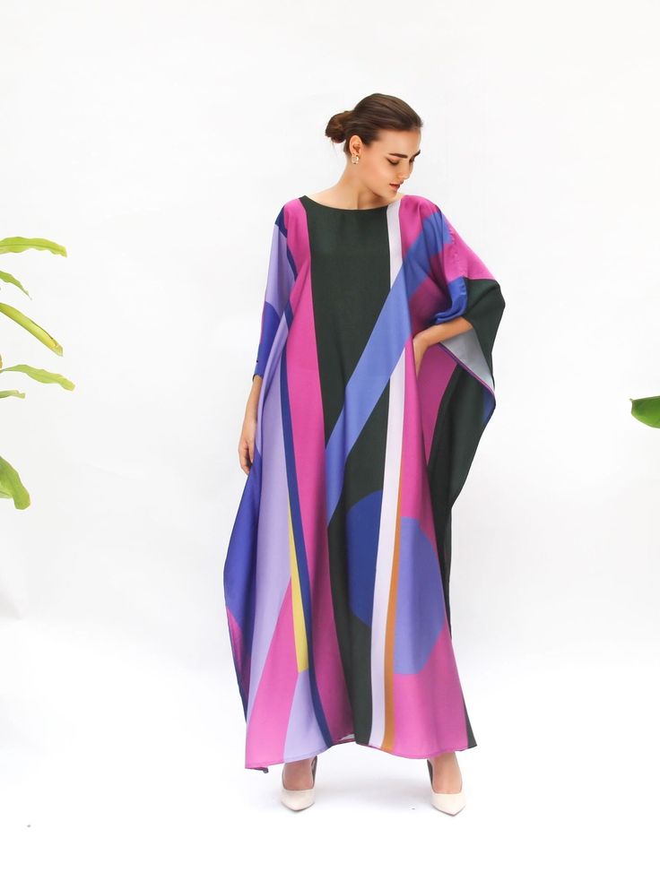 "Upgrade your wardrobe with our abstract art print kaftan! Stand out from the crowd with its bold and vibrant designs, crafted from high-quality and durable materials and possible with the free of charge for length and size custom made. Shop now and elevate your fashion game with this versatile wardrobe essential.  *please be noted, this kaftan is blended silk- if you prefer the 100% silk please type \"pure\" or \"natural\" in my shop as I do have different fabric composition. FEATURES - Purple, Oversized Multicolor Kaftan With Kimono Sleeves, Oversized Multicolor Printed Maxi Dress, Spring Multicolor Abstract Print Kaftan, Multicolor Abstract Print Kaftan For Spring, Vibrant Printed Multicolor Kaftan, Spring Multicolor Kaftan With Abstract Print, Multicolor Abstract Print Kimono For Beach, Beach Kaftan With Kimono Sleeves And Abstract Print, Multicolor Kaftan With Vibrant Print And Kimono Sleeves