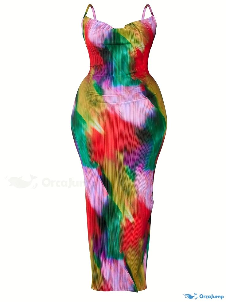 Orcajump - Plus Size Sexy Dress, Women's Plus Tie Dye Cowl Neck Medium Stretch Maxi Bodycon Cami Dress Fitted Multicolor Strapless Midi Dress, Multicolor Fitted Strapless Midi Dress, Multicolor Stretch Dress For Club, Red Stretch Bodycon Beach Dress, Green Stretch Midi Dress For Club, Multicolor Stretch Bodycon Dress For Night Out, Chic Multicolor Bodycon Dress For Club, Stretch Multicolor Midi Dress For Parties, Multicolor Strapless Bodycon Dress For Night Out