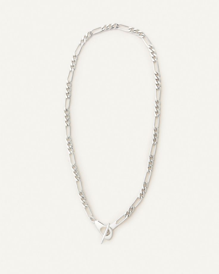 Sterling silver classic fígaro style chain with unique toggle closure. Classic White Gold Chain Necklace, Elegant Figaro Chain Toggle Necklace, Classic Chain Link Necklace With Toggle Clasp, Classic Toggle Necklace With Oval Link, Classic Chain Link Toggle Necklace For Formal Occasions, Classic Toggle Necklace With Rectangular Links, Classic Oval Link Chain Necklace With Hook And Links, Modern Silver Chain Necklace With Spring Ring Clasp, Elegant Silver Toggle Necklace With Oval Link