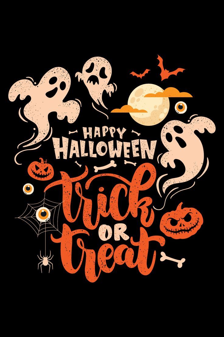 happy halloween lettering with pumpkins, ghost and spider web on black background for t - shirt or poster design