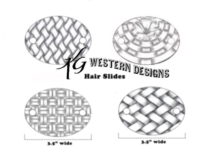 four different types of wire mesh designs on white paper with the words, western designs hair slides