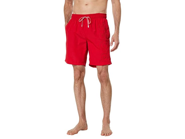 BOSS Whale Swim Shorts - Men's Swimwear : Open Red : Get ready for a fun dive into the waters wearing the super comfy and lightweight BOSS Whale Swim Shorts. Regular fit. Elasticated waistband and drawstring closure. Side seam pockets. Back welt pocket. Signature branding along the left seam. Pull-on style. 100% polyamide. Machine wash, line dry. Imported. Measurements: Waist Measurement: 28 in Outseam: 18 in Inseam: 7 1 2 in Front Rise: 11 in Back Rise: 15 in Leg Opening: 22 in Product measurem Relaxed Fit Vacation Shorts With Pockets, Relaxed Fit Shorts With Pockets For Vacation, Cotton Bottoms With Pockets For Vacation, Cotton Swimwear With Pockets For Summer, Casual Swimwear With Side Pockets For Beach, Beachwear Bottoms With Pockets, Beachwear Bottoms With Pockets For Beach Season, Summer Cotton Swimwear With Pockets, Relaxed Fit Swim Trunks With Pockets For Beachwear