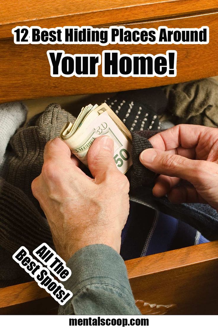 a man is holding money in his hand and the text reads, 12 best hiding places around your home