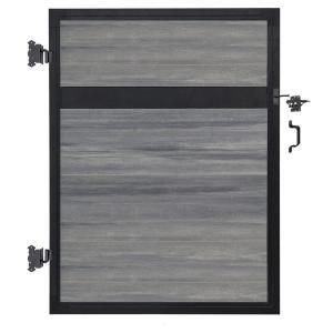 the side view of a sliding glass door with black hardware and woodgrained panels