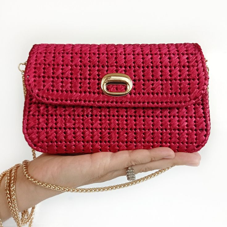 "This raffia clutch bag is handmade evening bag with chain strap. The small red purse will make you image complete. The straw shoulder bag is a great choice for any occasion: festive evening, wedding, going out, cinema... It can be a wonderful gift for anniversary, Christmas or New Years. The raffia clutch bag is hand made using the technique of weaving on plastic canvas. It has a tight frame, keeps its shape well.   DETAILS: - material - raffia - length 18cm/7\", height 11cm/4\", width 5.5cm/2\ Summer Rectangular Clutch With Chain Strap, Elegant Rectangular Straw Bag With Chain Strap, Elegant Straw Bag With Chain Strap For Everyday Use, Summer Party Woven Shoulder Bag, Elegant Woven Straw Crossbody Bag, Elegant Woven Crossbody Straw Bag, Elegant Straw Shoulder Bag, Summer Formal Clutch Shoulder Bag, Red Clutch Shoulder Bag For Events