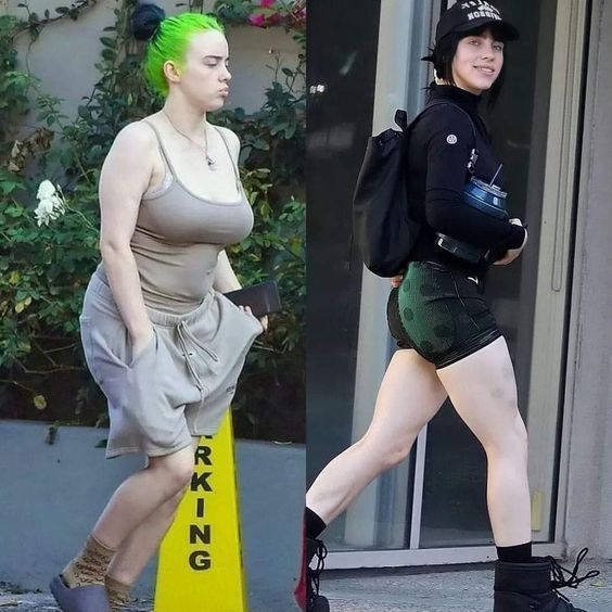 two women walking down the street in short shorts and high top sneakers, one with green hair