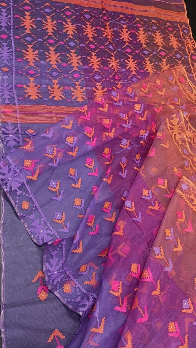 This Exclusive Handwoven Handloom Authentic Original Jamdani Saree is from Dhaka, Bangladesh. This beautiful Saree is crafted with 84 Counts with thread Woven. Exclusive partywear Saree with Unstitched Blouse Piece. The Saree is beautiful and the finest quality. Beautiful Pallu with Tassels. Lightweight and Fall & Pico Done Purple Handloom Semi-stitched Traditional Wear, Multicolor Silk Thread Traditional Wear For Festivals, Multicolor Traditional Wear With Motifs For Transitional Season, Multicolor Silk Traditional Wear For Festivals, Embroidered Purple Saree For Puja, Traditional Embroidered Purple Saree, Bohemian Purple Embroidered Traditional Wear, Purple Chanderi Handloom Blouse Piece, Bollywood Style Purple Handloom Traditional Wear