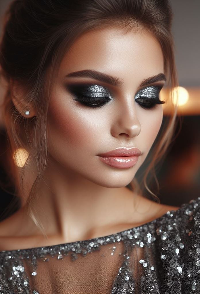 Dress to impress! Elevate your evening look with a charcoal grey smokey eye and silver glitter. This glamorous combination is guaranteed to turn heads. Easy Smokey Eye Makeup, Silver Smoky Eye, Eye Makeup Tutorial For Beginners, Glittery Smokey Eye, Easy Smokey Eye, Silver Smokey Eye, Grey Smokey Eye, Grey Eye Makeup, Bronze Smokey Eye