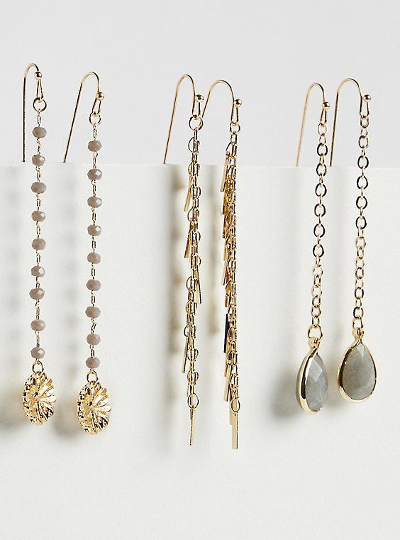 FIT Measures 2. 8” long. MATERIALS + CARE Base metal. Imported. DETAILS Set of 3 pairs. . Linear chain. Gold tone finish. Stone charms. French hooks. The best plus size women's grey stone linear earring set of 3 - gold tone earrings sets in gold. Torrid is your destination for the freshest spring and summer styles. Jewelry Display Booth, Earrings Sets, Diy Jewelry Earrings, Jewelry Organizer Wall, Repurposed Jewelry, Handmade Fashion Jewelry, Summer Styles, Chain Gold, Grey Stone