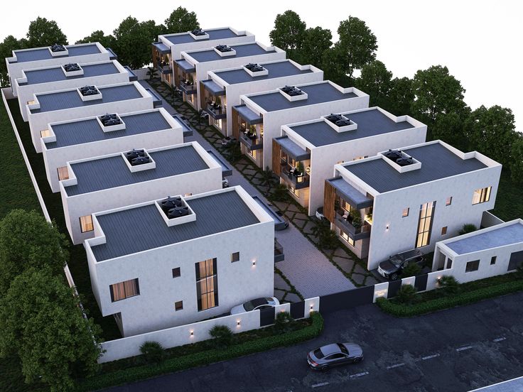 an artist's rendering of a row of townhouses in the middle of a parking lot